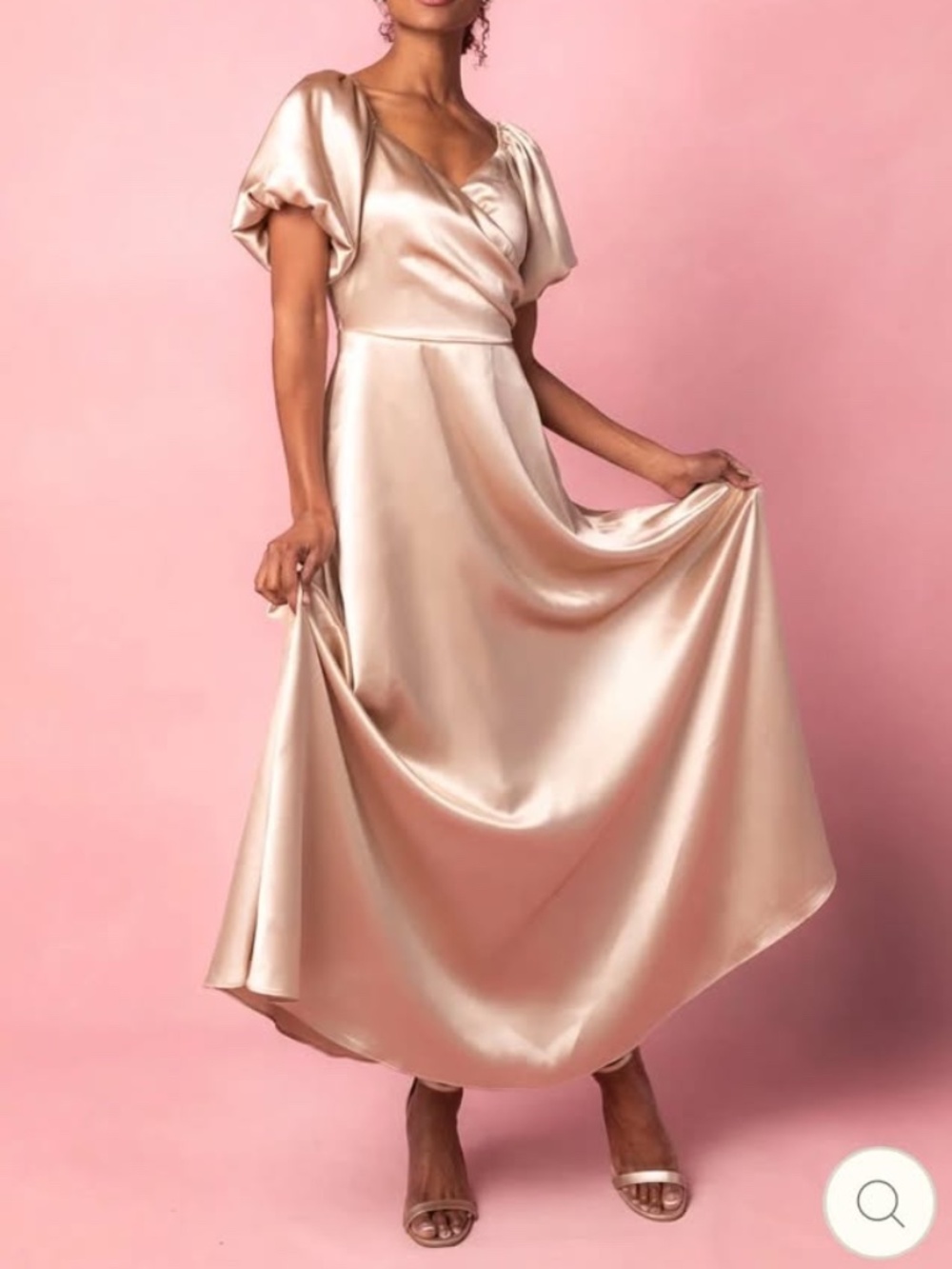 Women's Long Formal Champagne Bridesmaid Dress with Puff Sleeves (Size XL/16)